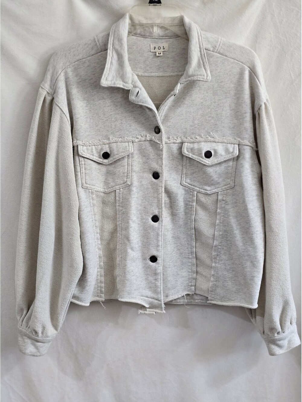 POL Medium Light Gray Button-Up Jacket with Frayed Details size Med